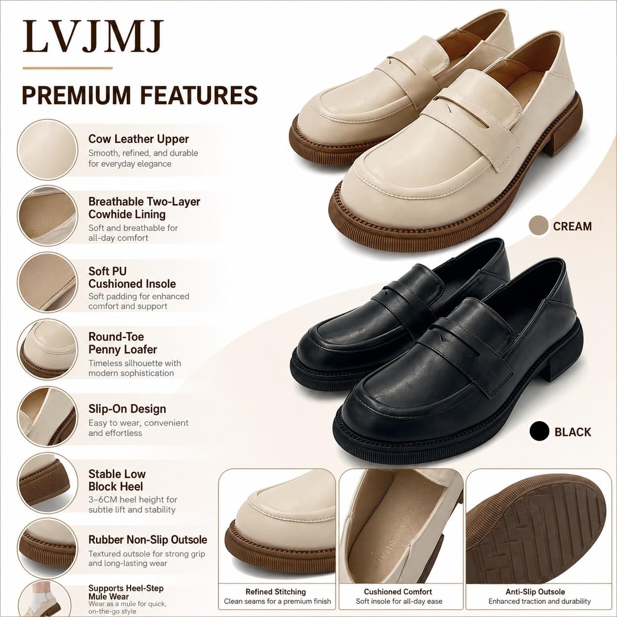 LVJMJ - Scarpe basse da donna con cinturino a T, borchie, tacco invisibile