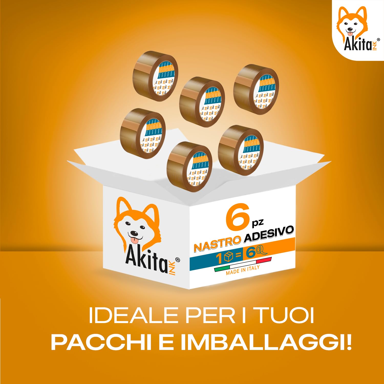 AKITAInk Nastro Adesivo Marrone per Imballaggio 6 Rotoli Avana – 50mm x 66m x 76mm – PP Silenzioso, Alta Aderenza, Resistente a Strappi – Ideale per Pacchi, Scatole, Spedizioni e Trasloco