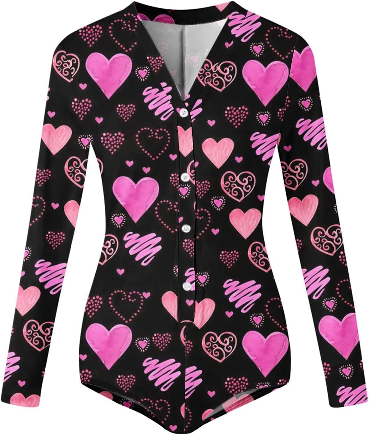 Women’s Long Sleeve Bodycon Romper V Neck Heart Print Button Down Bodysuit Short Jumpsuit Sleepwear - Image 3