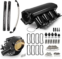 Vista 1 de Colector de admisión mejorado de 4.016 in de chapa metálica fabricada EFI con cuerpo del acelerador EFI Drive By Wire y rieles de combustible Negro