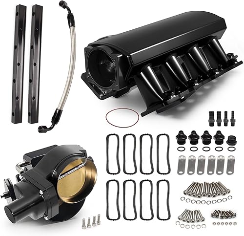 Colector de admisión mejorado de 4.016 in de chapa metálica fabricada EFI con cuerpo del acelerador EFI Drive By Wire y rieles de combustible Negro