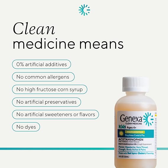 Genexa Kids' Clean Cold & Flu Relief Day/Night Multi-Symptom, Dye Free, 0% Artificial Additives, Children's Liquid Pain, Fever & Cough Medicine, Ages 4-11, Organic Blueberry Flavor, 8 fl oz (2 Pack)