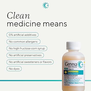 Genexa Kids' Clean Cold & Flu Relief Day/Night Multi-Symptom, Dye Free, 0% Artificial Additives, Children's Liquid Pain, Fever & Cough Medicine, Ages 4-11, Organic Blueberry Flavor, 8 fl oz (2 Pack)