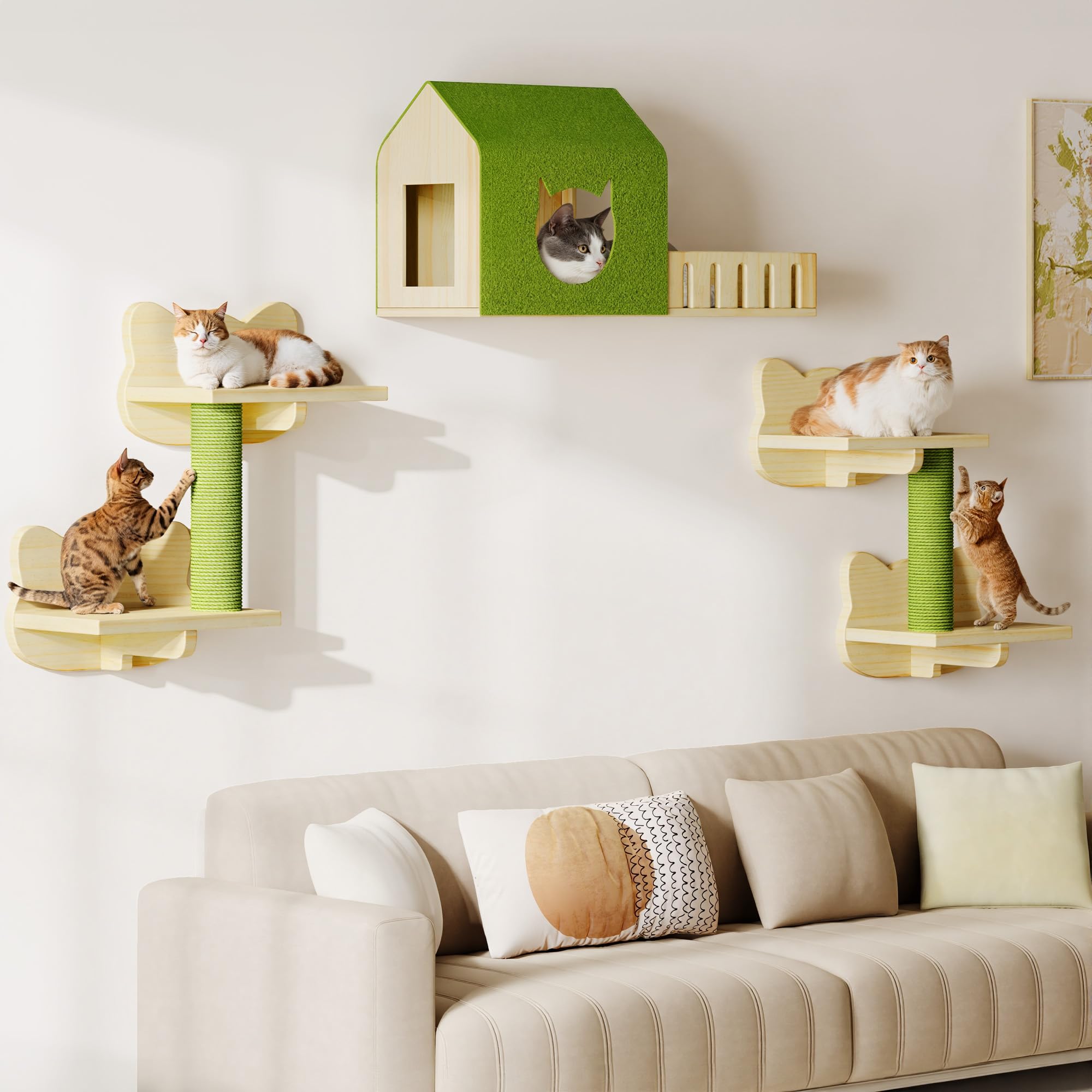 YITAHOME Set da parete per gatti in legno stabile, 5 pezzi, elementi da parete per gatti, con casetta per gatti, per dormire, giocare e riposare