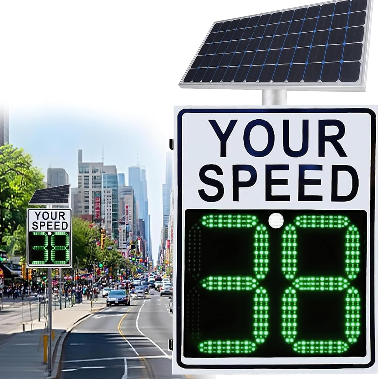 Panneaux De Limitation De Vitesse À LED Solaires Clignotants Améliorés, Film Réfléchissant 3m, Panneaux Radar en Aluminium Antirouille, Affichage White 60X75cm