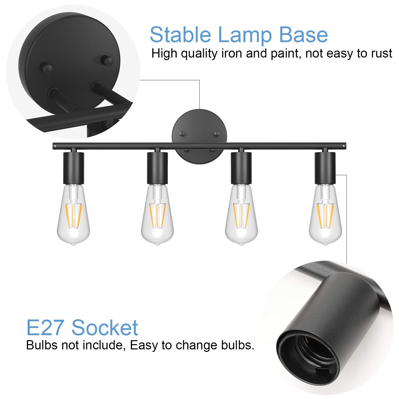 E27 Spiegellamp Zwart Metaal Klighten Vintage Spiegellamp - Met E27 Fitting Voor Badkamer | Industriële Stijl, Zwart Metaal 4-armige Wandlamp