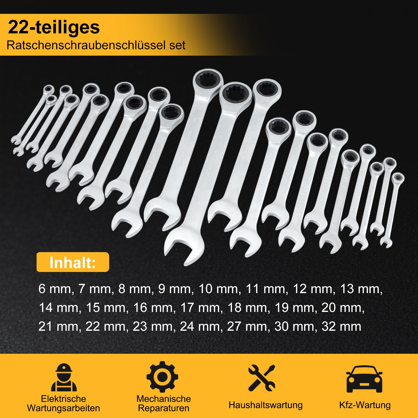 Juego de llaves de carraca Walter STAHL, 22 piezas, llaves combinadas de 6 a 32 mm, para reparación de bicicletas, reparación de coches, 72 dientes, rango de giro de 5°, acero Cr-V