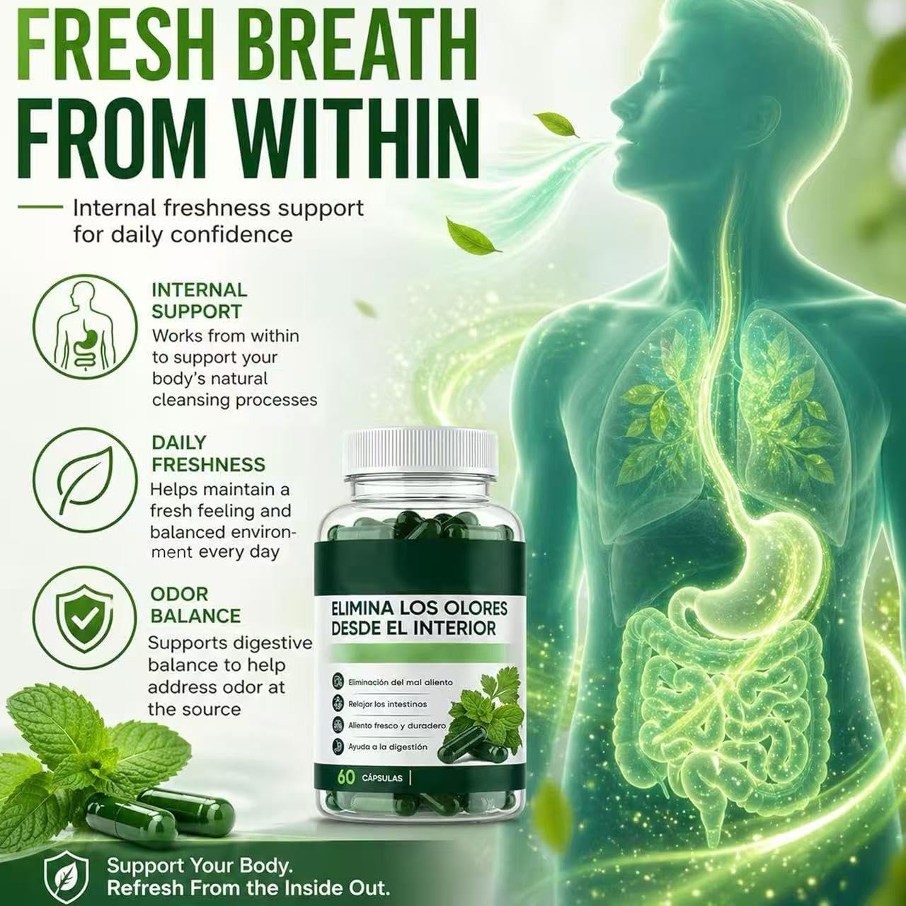 Gélules pour une haleine naturellement fraîche à base de chlorophylle, de menthe poivrée et de persil : éliminent la mauvaise haleine de l'intérieur, favorisent la santé intestinale,1pcs