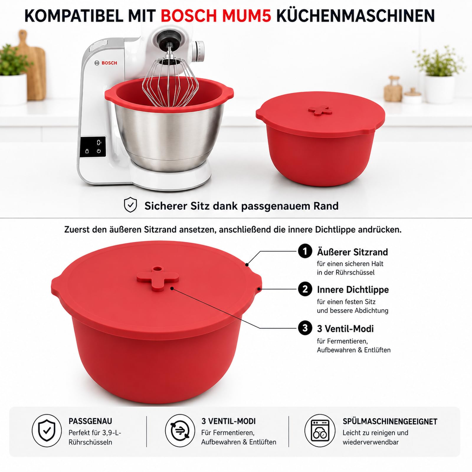 2er Silikoneinsätze mit Deckeln für Bosch MUM5 Rührschüssel 3,9 L | Bosch Küchenmaschine Serie 4 Zubehör (MUM5xxx), passend für MUZ5KR1, Teigschüssel für Hefeteig, Brotteig, Gären & Kühlen