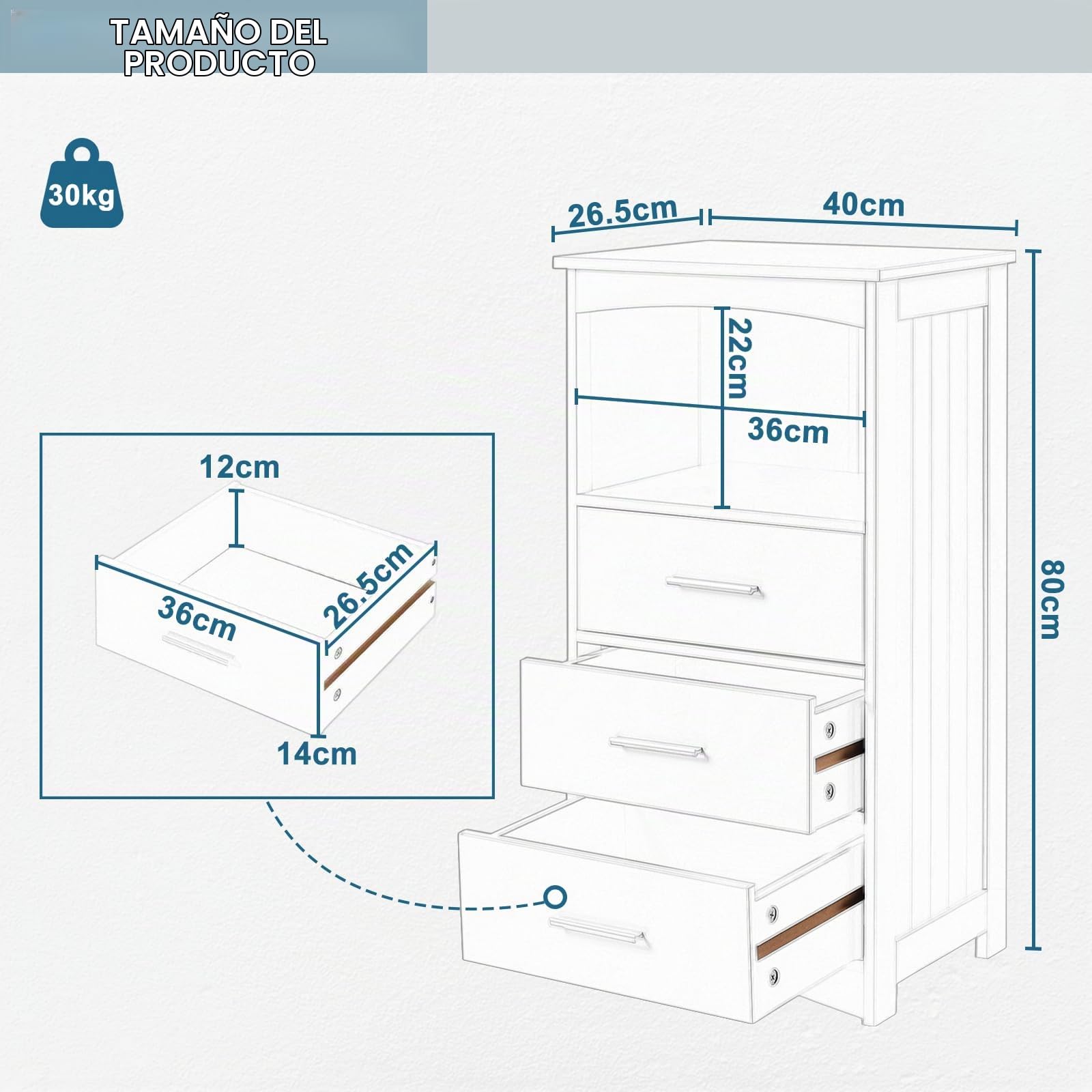 EUGAD Armario Estrecho, Armario de Columna, Mueble Auxiliar Baño con 3 Cajones y 1 Compartimiento Abierto, Mueble Baño Almacenamiento, 40x26,5x80 cm, Blanco