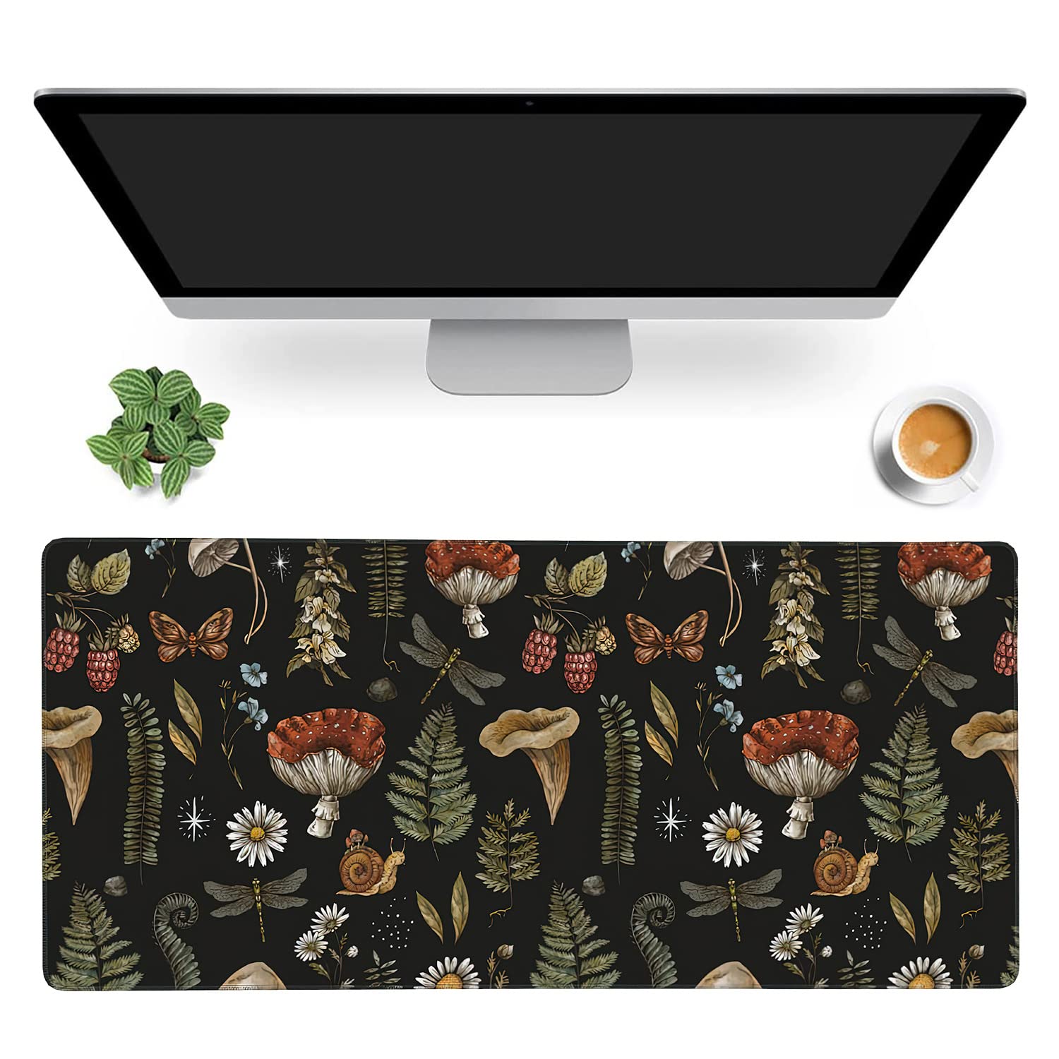 Mushrooms Desk Mat, Vintage Mushroom Floral Extended Gaming Mouse Pad Large Big Mat Non Slip Base Stitched Edge Long Computer Keyboard Home Office Wor - View #9