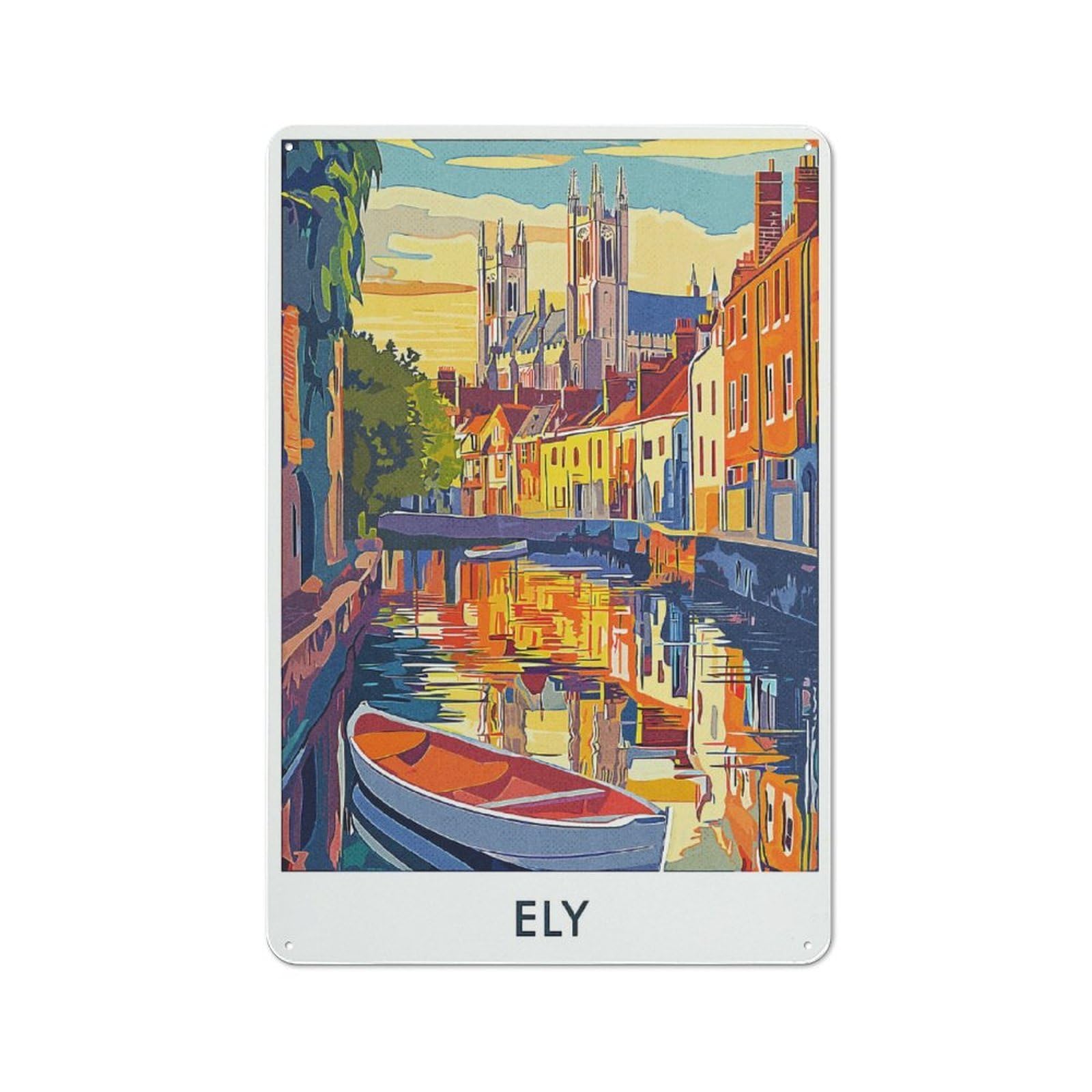 Retro Metal Wall Plaque 30x20cm Featuring Ely Canal Sunset, Room Wall Plaque for Hallway, Home Bar, Garage Or Study