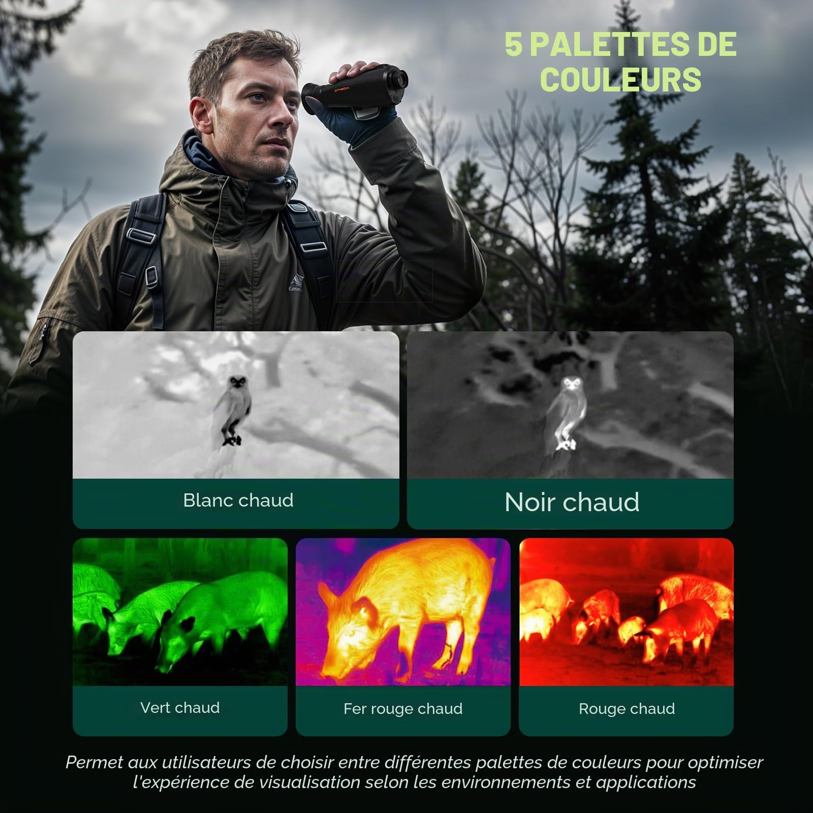 Monoculaire Thermique Portable pour Chasse, 384x288 Ai15 Vision Nocturne, Grand Écran AMOLED 1,43", Vision Thermique Nocturne avec Wi-FI Hotspot/STA/Micro, Autonomie 12h+