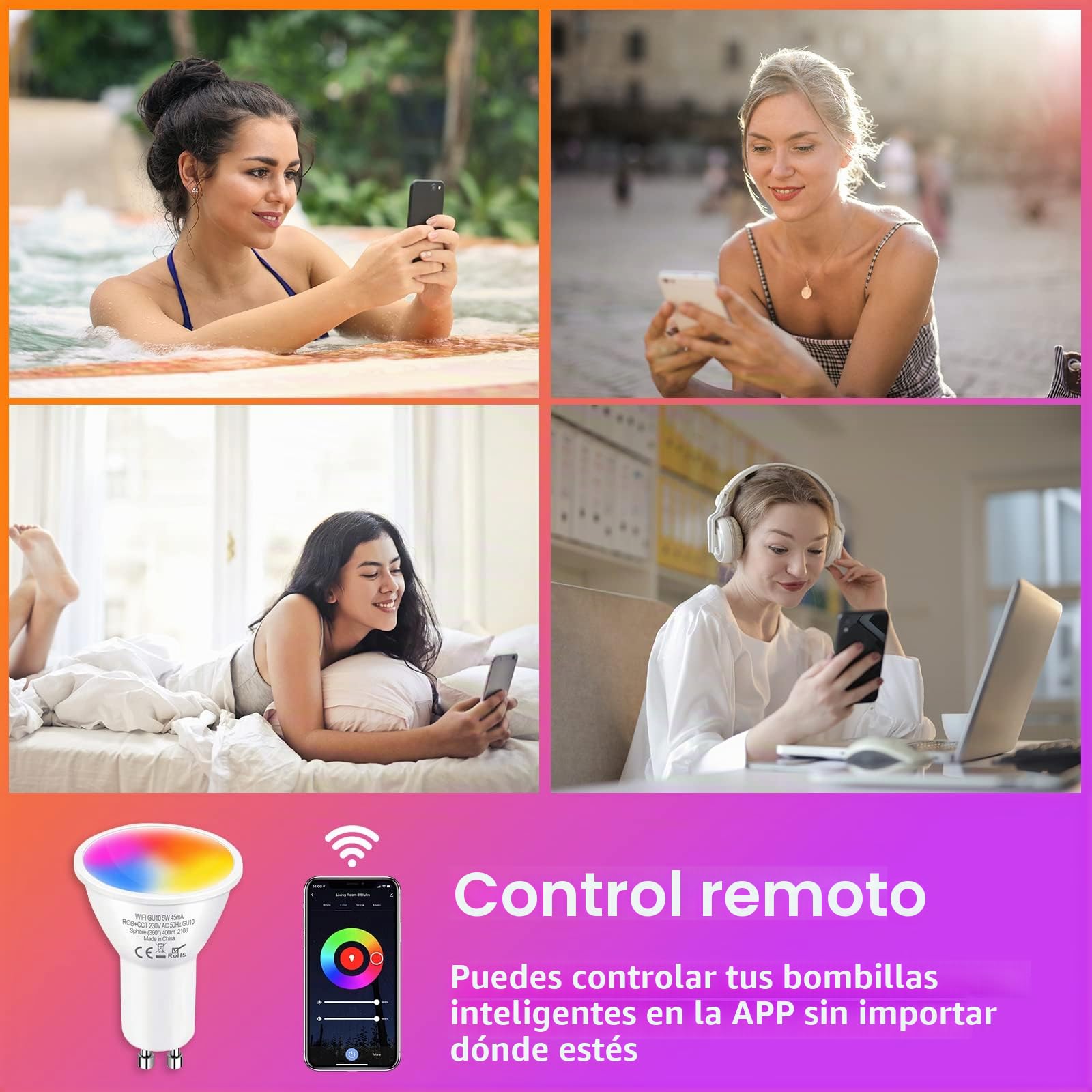 ANTELA Bombillas LED WiFi GU10 5 W, regulable, control App con Alexa/Google Home, RGB&2700K-6500K blanco frío cálido, 8 unidades | Regulable, control App con Alexa/Google Home, RGB&2700K-6500K blanco frío cálido, 8PCS, 2.4Ghz wifi