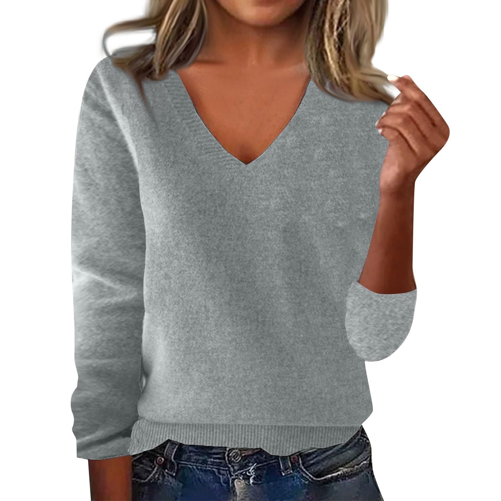 Cashmere Sweaters for Women Lightweight Cozy Cropped V Neck Pullover Sweaters Trendy Long Sleeve Knitted Sweater Tops