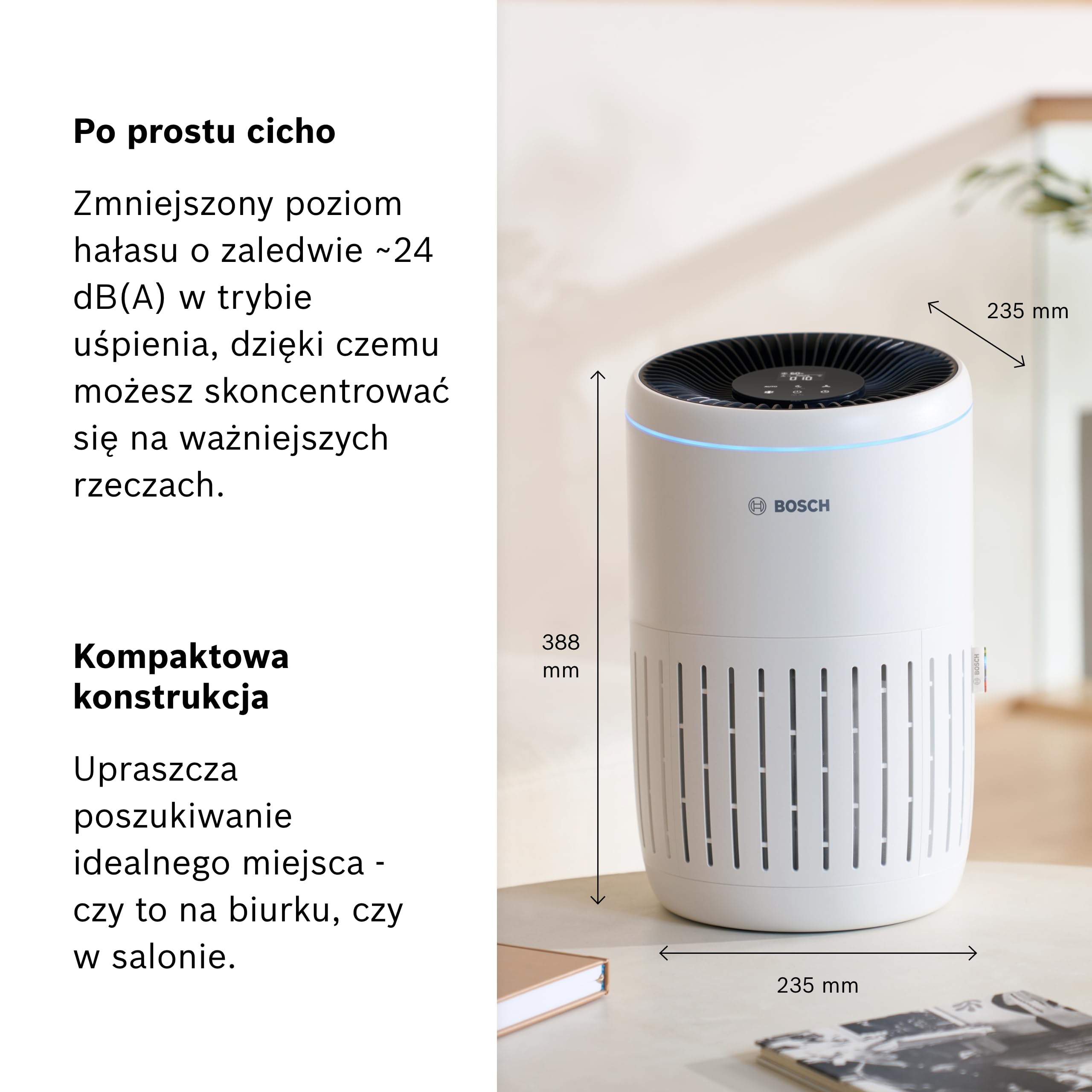 Bosch Air 2000i, oczyszczacz powietrza z aplikacją, do 37,5 m² | Z filtrem powietrza 3 w 1, czujnikiem inteligentnym, trybem automatycznym, trybem cichym (< 25 dB(A)), CADR: 180 m³/h