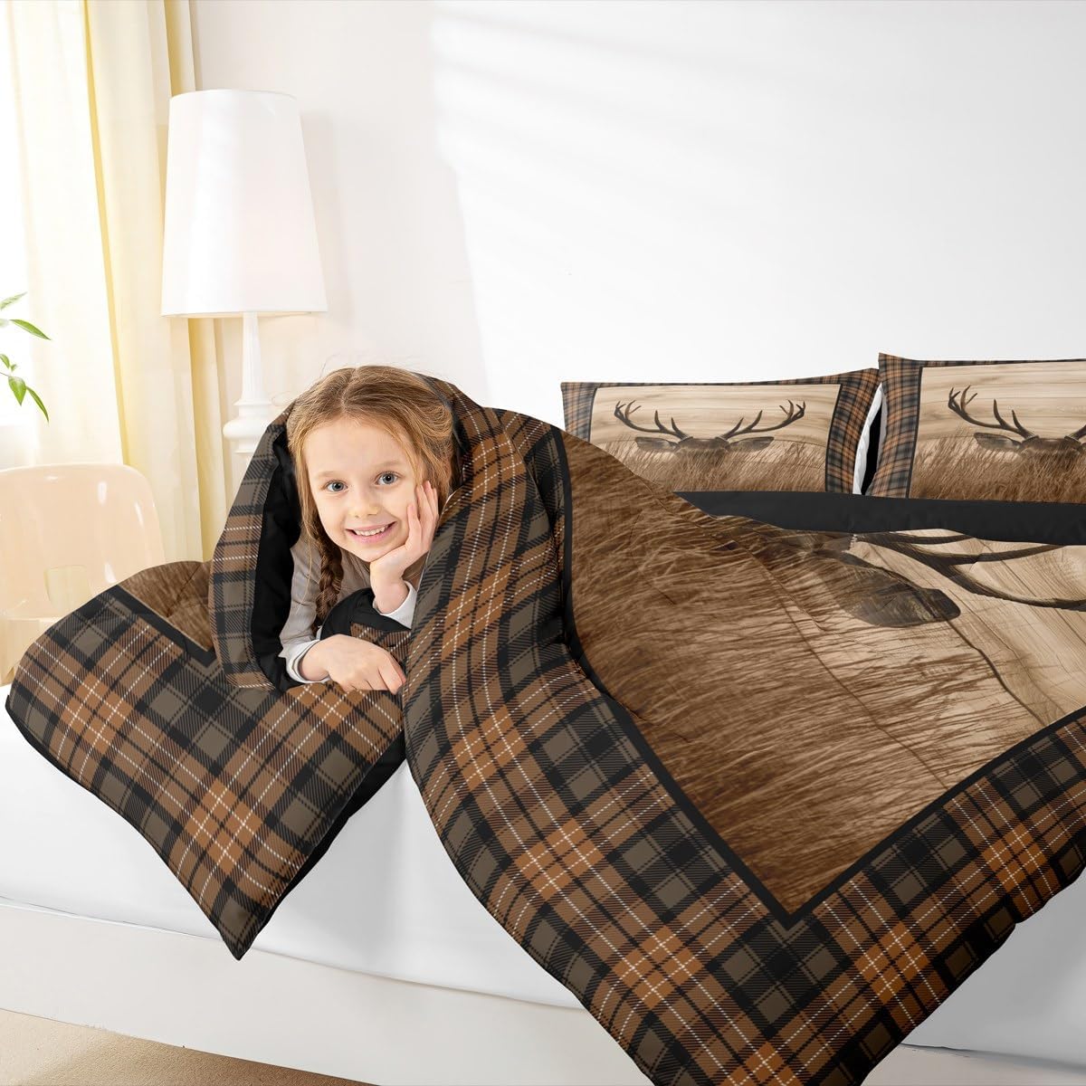 Castle Fairy Deer Antler Comforter Set King Size,Rustic Farmhouse Wooden Board Barn Bedding Set All Season Quilt Set,Animal Retro Plaid Geometric Microfiber Polyester Down Comforter