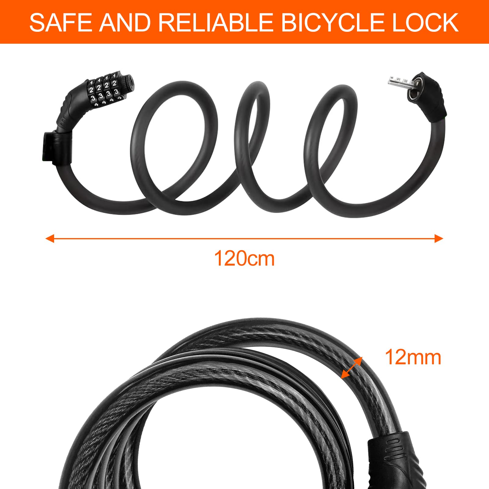 Lectorias Cadenas Code 120CM à Combinaison 5 Chiffres - Antivol Vélo Scooter Avec Support Fixation