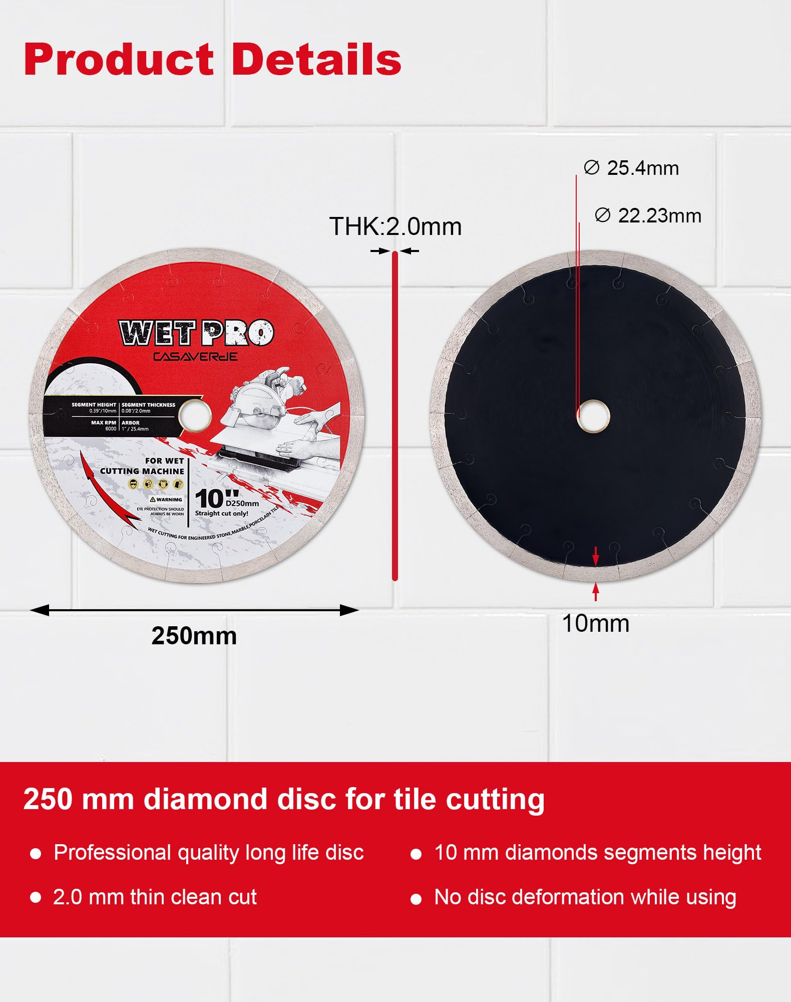 Casaverde Disco de diamante de corte continuo de azulejos de 250 mm x 25,4 mm x 2,0 mm para corte en húmedo de azulejos de porcelana y mármol