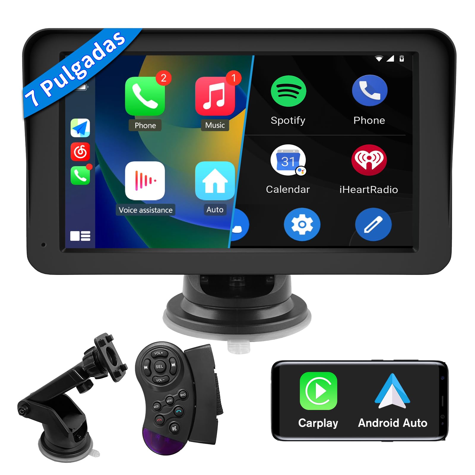 AWESAFE 7”Pantalla de Coche CarPlay/Android Auto/MirrorLink Inalámbrico para Coche, Reproductor de Coche Pantalla Tactíl Admite Bluetooth/SIRI/Asistencia de Voz/Sin Instalación