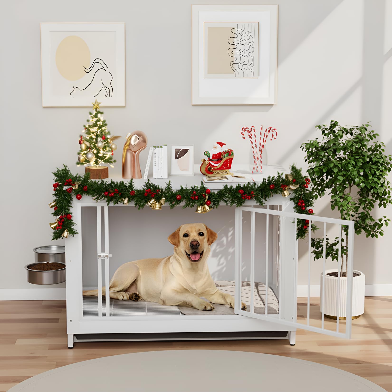 Jaulas para Perros, 93x64x58cm, Jaula Perro Grande para Casa de Madera, Dog Crate con 2 Comederos y Puertas para Perros, con Bandeja Extraíble, Jaula para Perros Medianos Pequeños hasta 40kg,Blanco