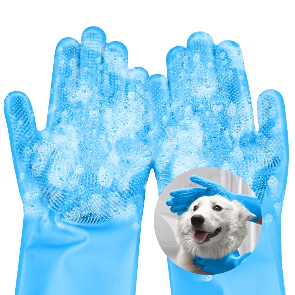 AMFUN Dog Washing Gloves, Dog Bathing Grooming Gloves, Silicone Cleaning Gloves Multifunction, Anti Slip Massaging Gloves for Dogs and Cats, Blue