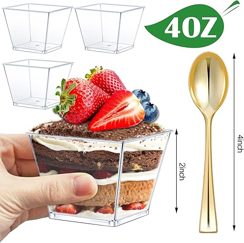 Miniatura 3 de Dingion Juego de 400 tazas de postre de plástico de 4 onzas con cuchara, 200 tazas cuadradas de mousses y 200 cucharas de degustación con purpurina