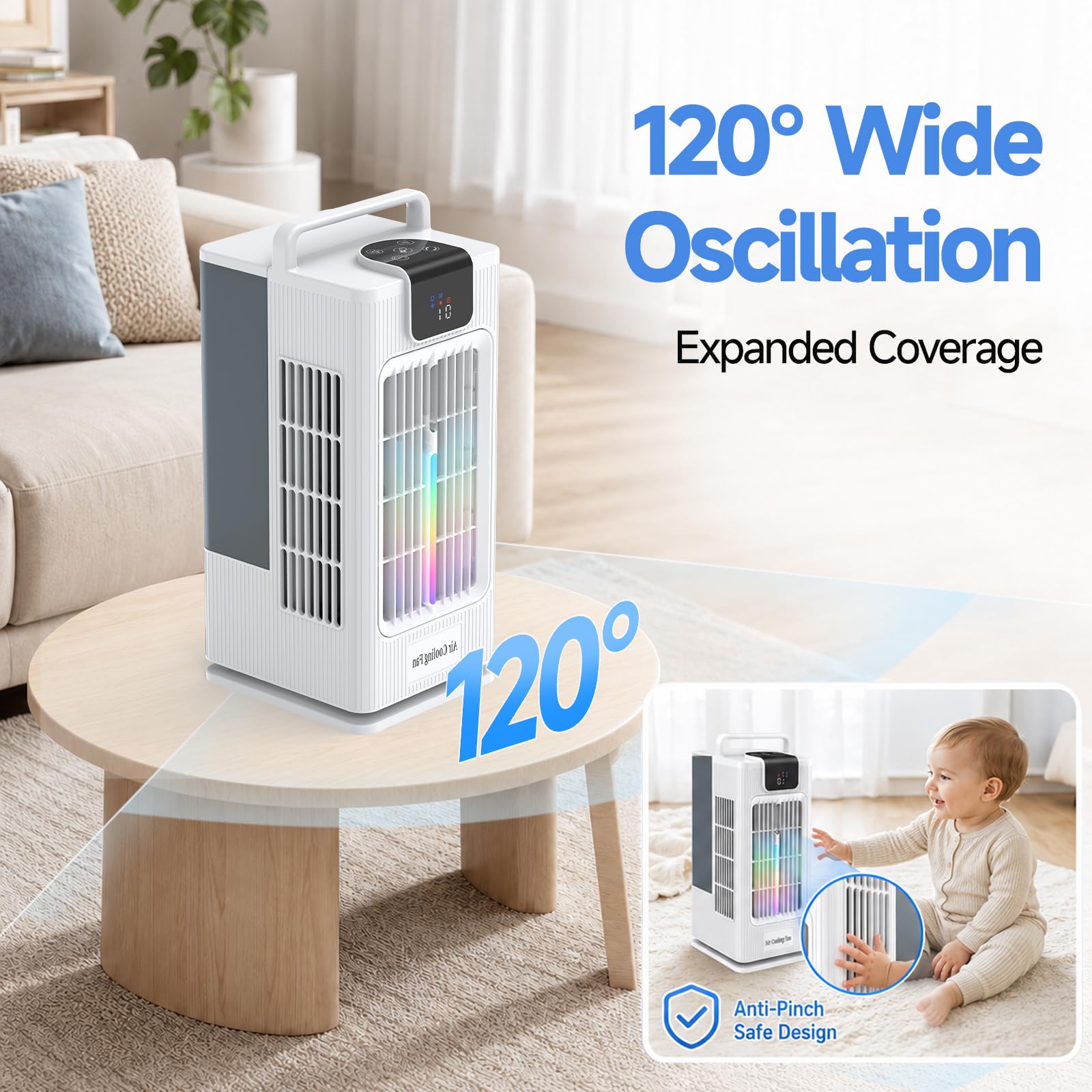 Refroidisseur d'air évaporatif 4-en-1,2L Ventilateur Rafraîchissant Portable avec Télécommande,Oscillation 120°,4 Vitesses 3 Brumisation,Minuterie 1-8H,pour Chambre Bureau Maison (Blanc, 2L)