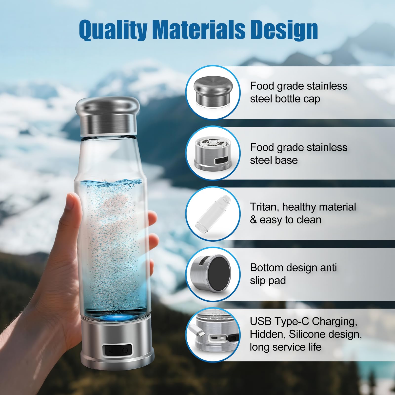 Botella de agua de hidrógeno de electrólisis de 5 minutos, 15 onzas, ionizador de agua de 1500 PPB con tecnología SPE/PEM, botella de agua de hidrógeno para mujeres/hombres/oficina/escuela