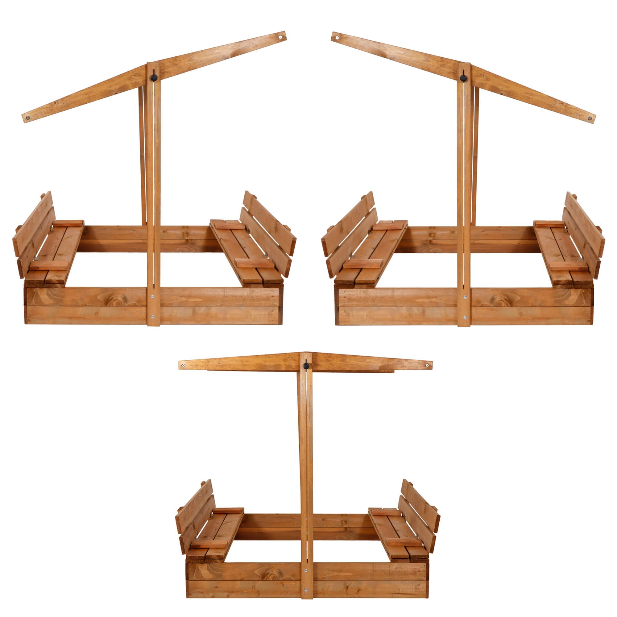 Bac à sable en bois 120 x 120 cm avec toit et couverture, bac à sable pour enfants, bac à sable de jardin en bois de conifère imprégné, toit pare-soleil réglable, pliable, marron, gris SPRINGOS