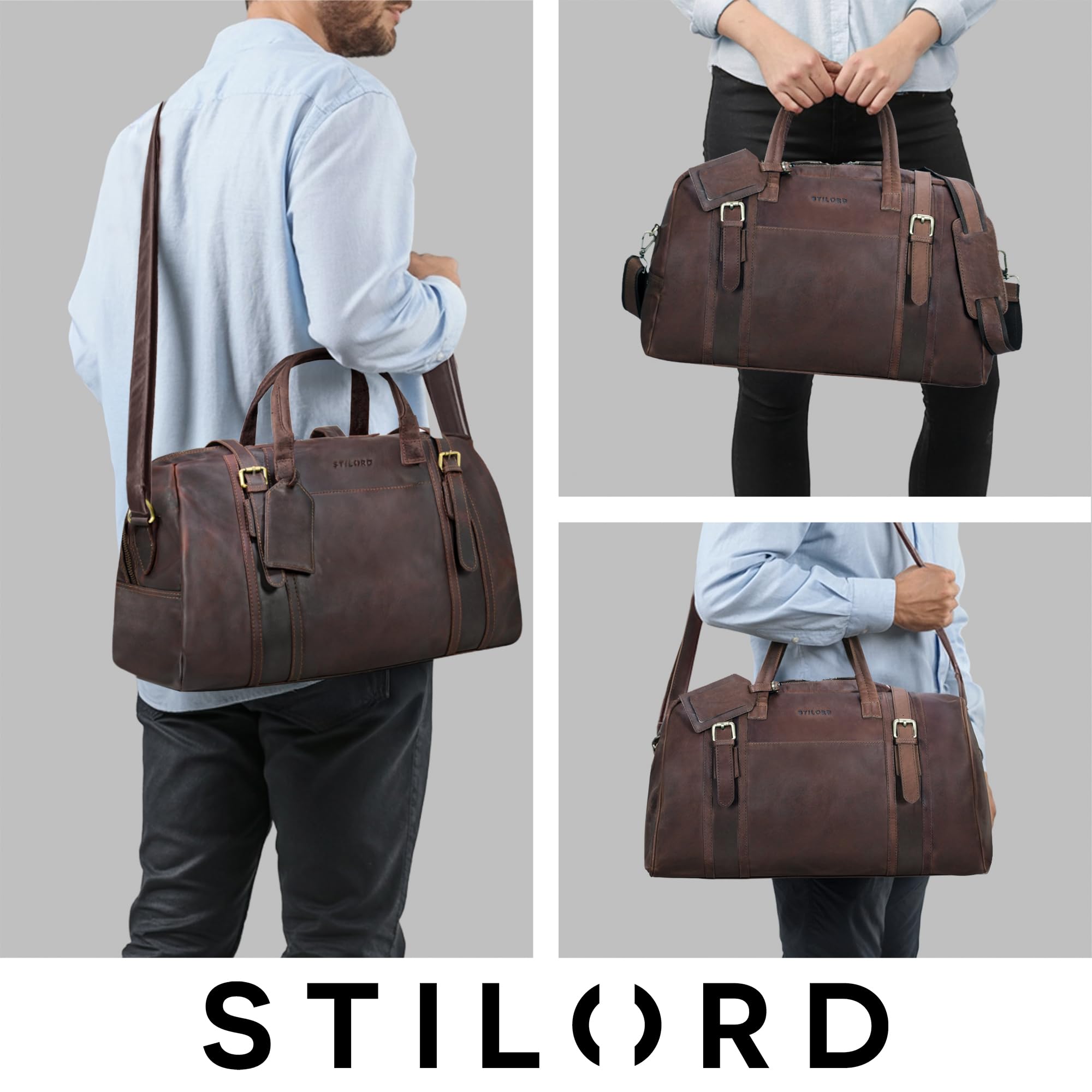 STILORD Vega Vintage Bolsa Viaje Piel Marrón Pequeño Bolso de Viaje Cuero Genuino Bolsa Fin de Semana Mujer Hombre Deporte Duffle Bag con Asa y Bandolera 34 L, 50x23x30