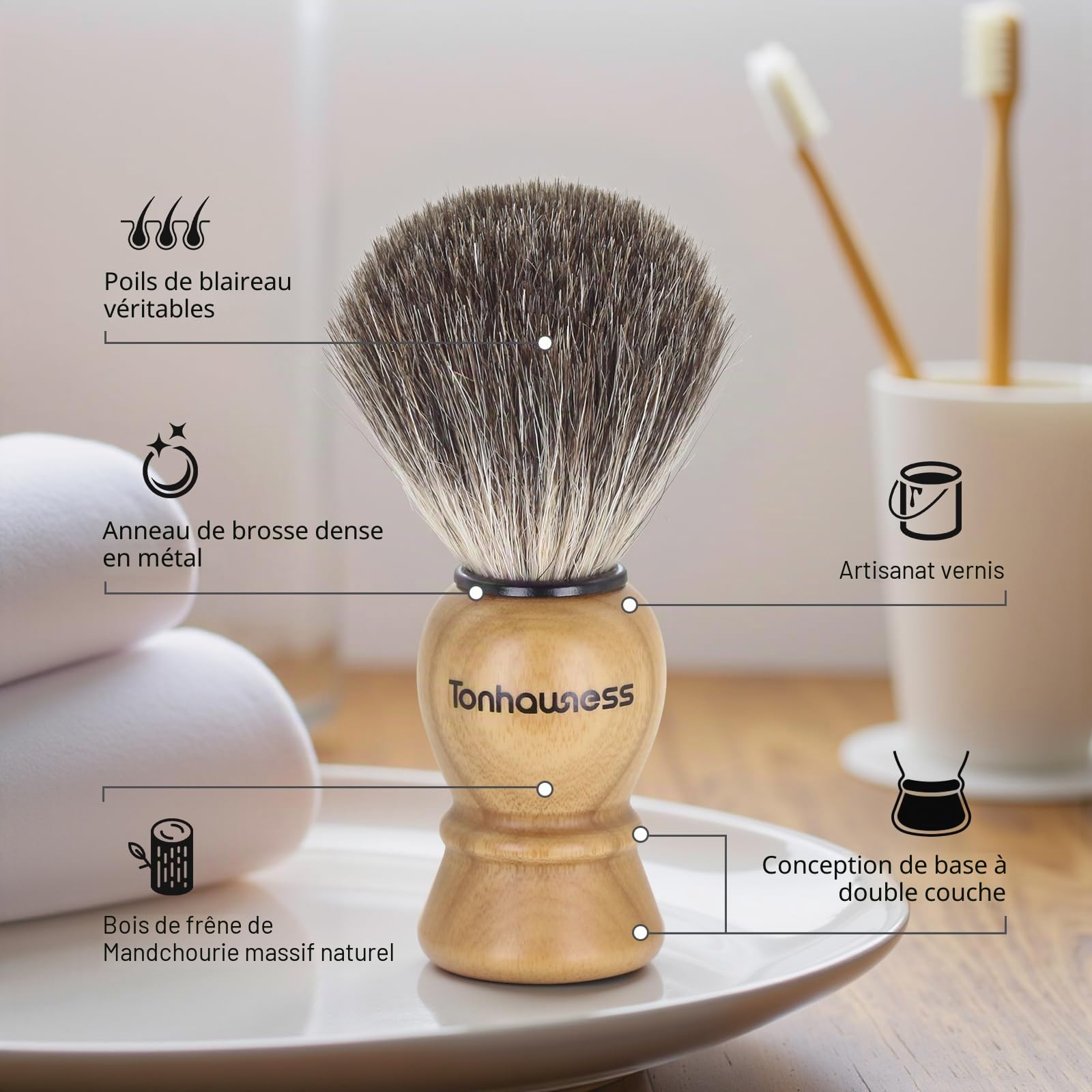 Kit de blaireau de rasage pour hommes, ensemble de 4 blaireaux en 1 comprend un blaireau de rasage en poils de blaireau, un bol en bois, un support de rasage en acier inoxydable et un savon à raser au