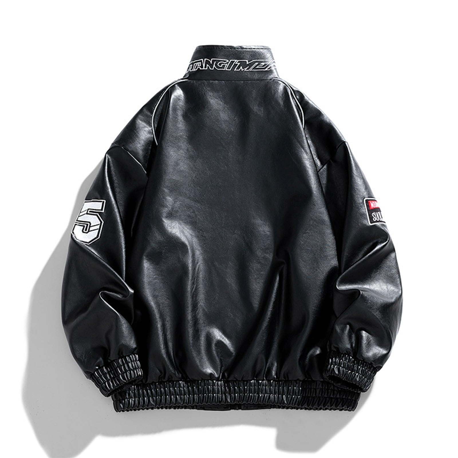 Generisch Giacca in pelle da uomo Y2K, oversize, in similpelle, con chiusura lampo americana, giacca da baseball, bomber vintage, giacca del college, Gebatikt Hip Hop Streetwear