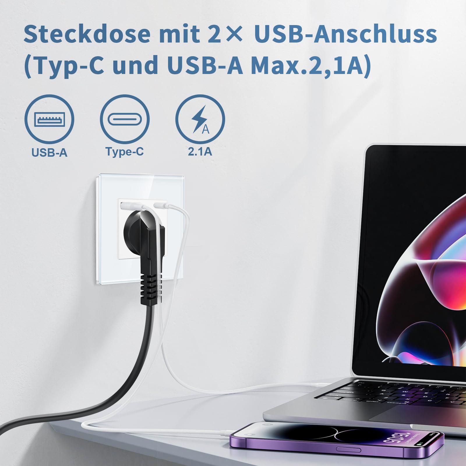 CNBINGO Pojedyncze gniazdko z 2 portami USB (maks. 2,1A, typ C i USB-A) - Proste szklane gniazdko Schuko podtynkowe - Białe gniazdko ścienne z zabezpieczeniem dziecięcym