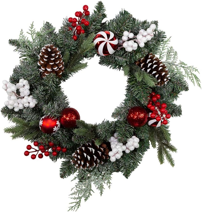 20-Inch Unlit Green Wreath with Pinecones, Balls and Berries