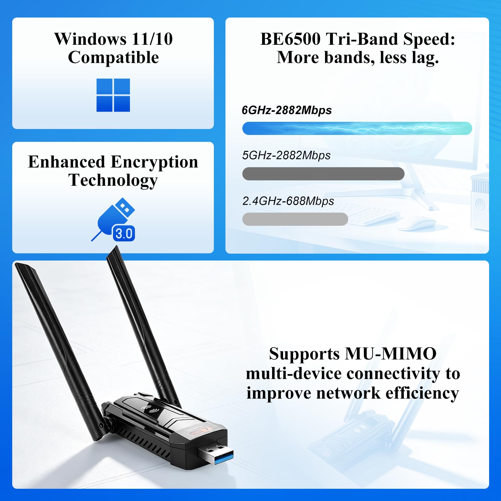 Llave WiFi 7 potente BE6500 llave inalámbrica adaptador USB 3.0
