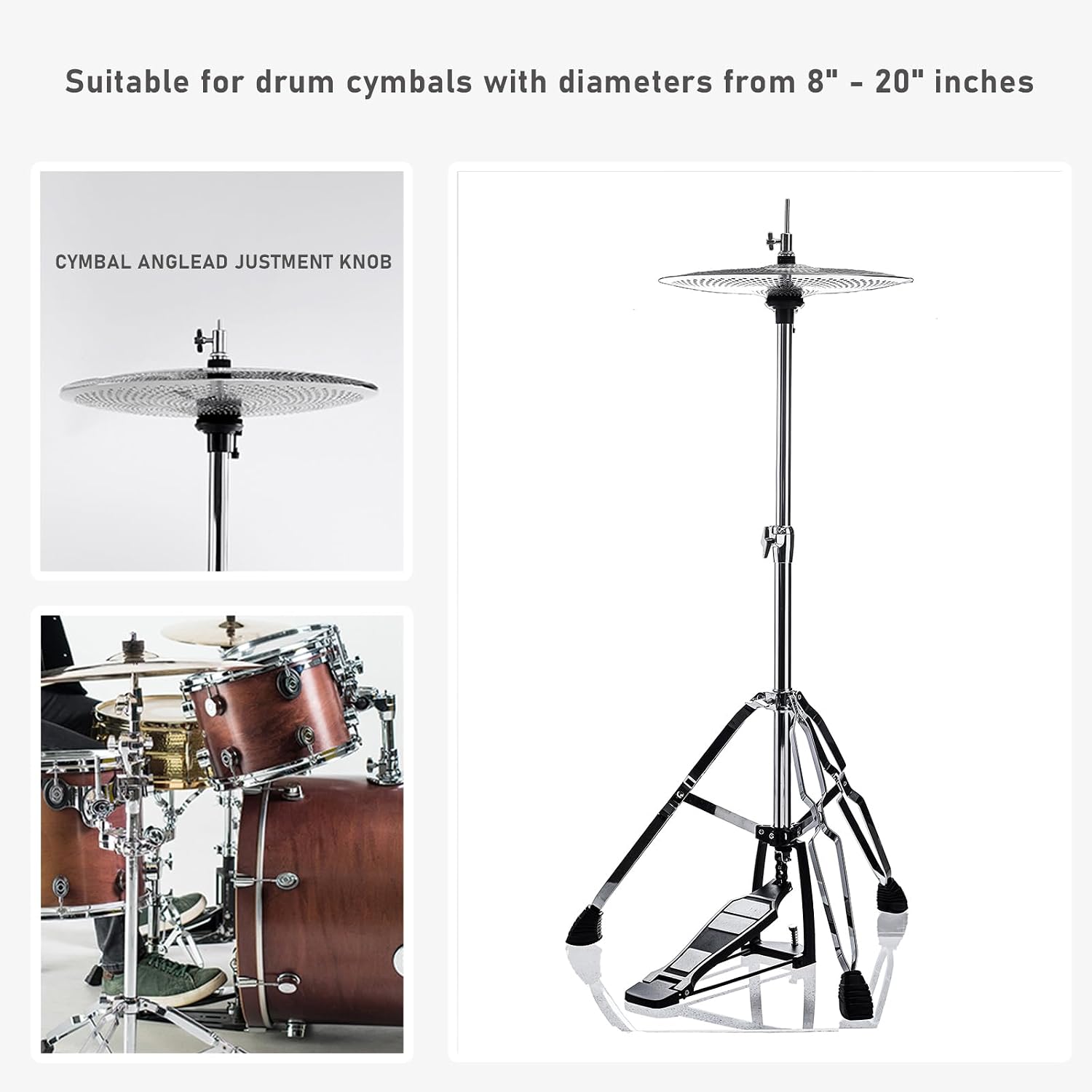 Hi Hat Stand，Three Legs Hi-Hat Stand，Adjustable Height 23.6" to 39.3", Double Braced High Hat Stand with Widened Non-Slip Rubber Feet (V-CC-FK11)