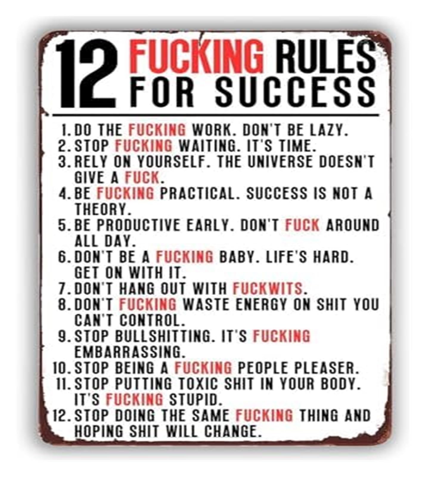 HGETJOHXEM Sarcastic Metal Tin Sign 12 Rules To Live By Funny Wall Decor For Bar Pub Man Cave Kitchen Home Room 8 X 12 inch