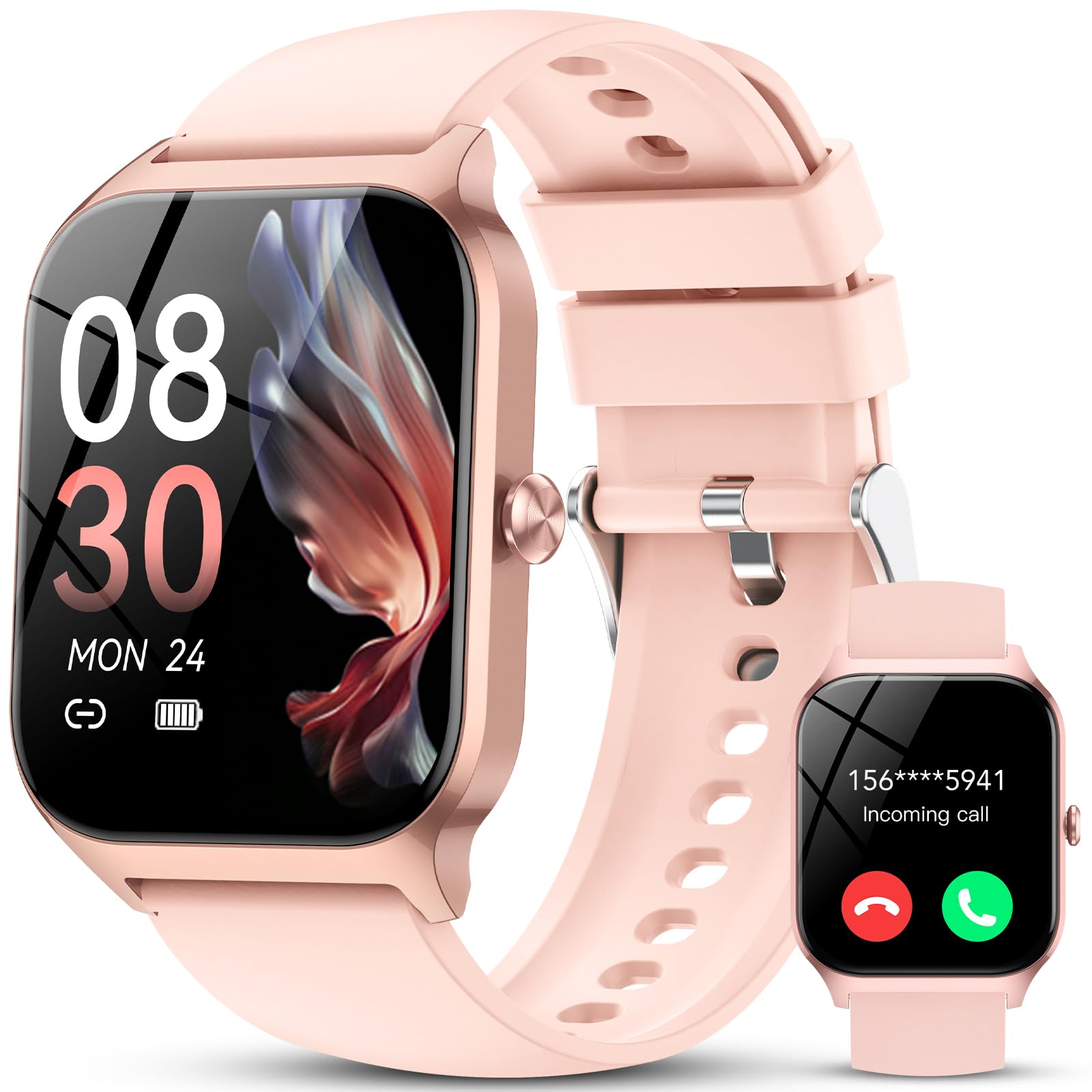 Reloj Inteligente Mujer,1.85" HD Smartwatch Mujer con Llamadas, WhatsApp Notificaciones, Smart Watch con Podómetro/Pulsómetro/SpO2/Monitor de Sueño,115+ Modos Deportes, IP68 Impermeable -Rosa Perla
