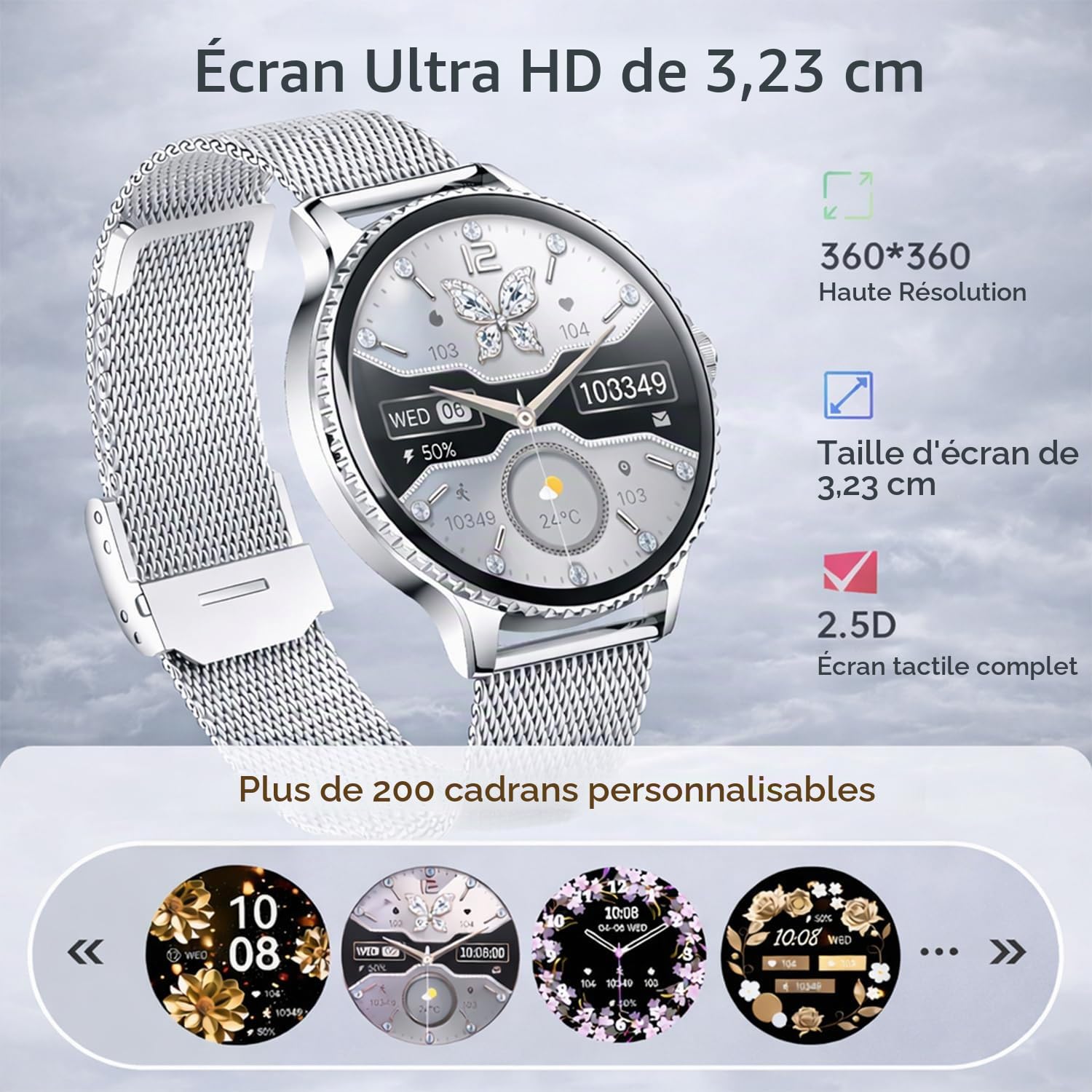 Montre Connectée Femme, 1.27" HD Smartwatch avec Appel Bluetooth, 110+ Modes Sportifs, Fonction Féminine, Sommeil, Fréquence Cardiaque, SpO2, Étanche IP68 Montre Intelligente pour Android iOS, Argent