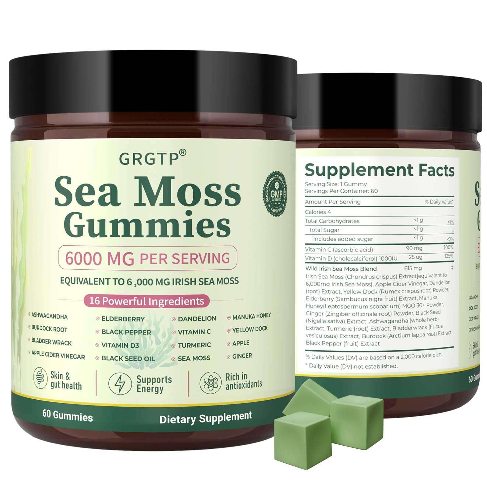 Sea Moss Gummies 16-in-1 - Ashwagandha Black Seed Oil Bladder Wrack Turmeric Vitamin C & D3 with Manuka Burdock Root Dandelion Yellow Dock Natural Detox & Liver Health Immune Support, Energy Boost