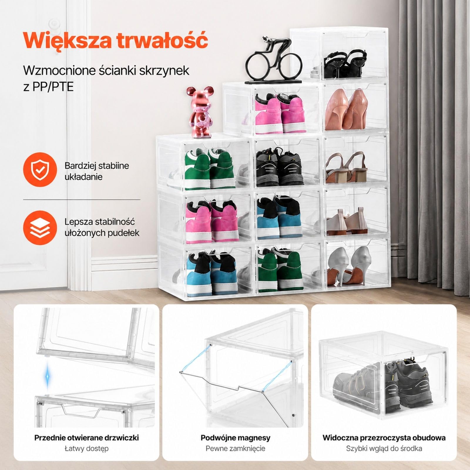 12 układanych pudełek na buty przezroczyste białe, organizer PP/PET z drzwiczkami magnetycznymi dla rozmiaru US 13, obcasy kozaki kapelusze