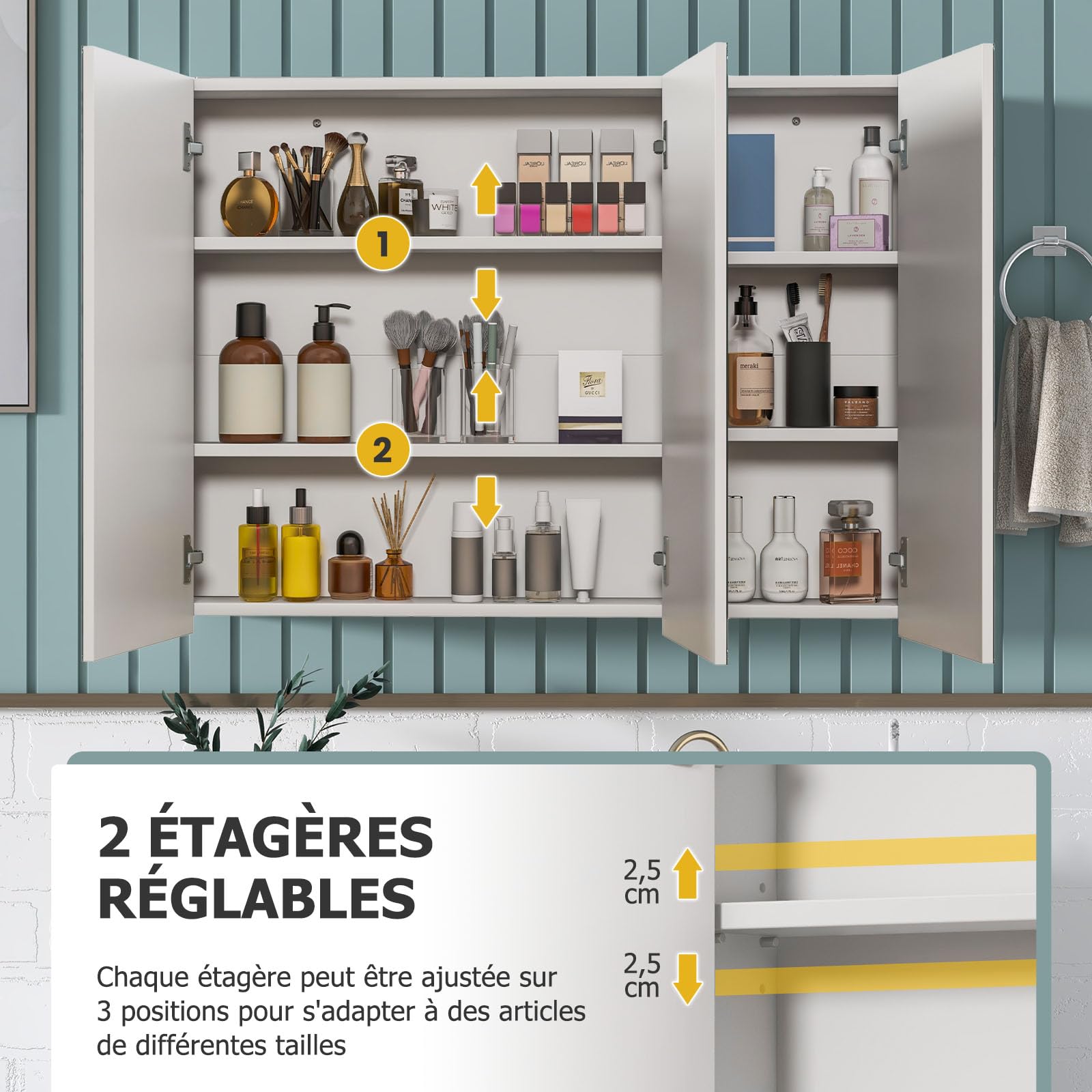 GIANTEX Armoire Murale de Salle de Bain avec 3 Portes à Miroir Complète, Meuble de Rangement en Bois Étagères Réglable, 90 x 11 x 65 cm, Blanc