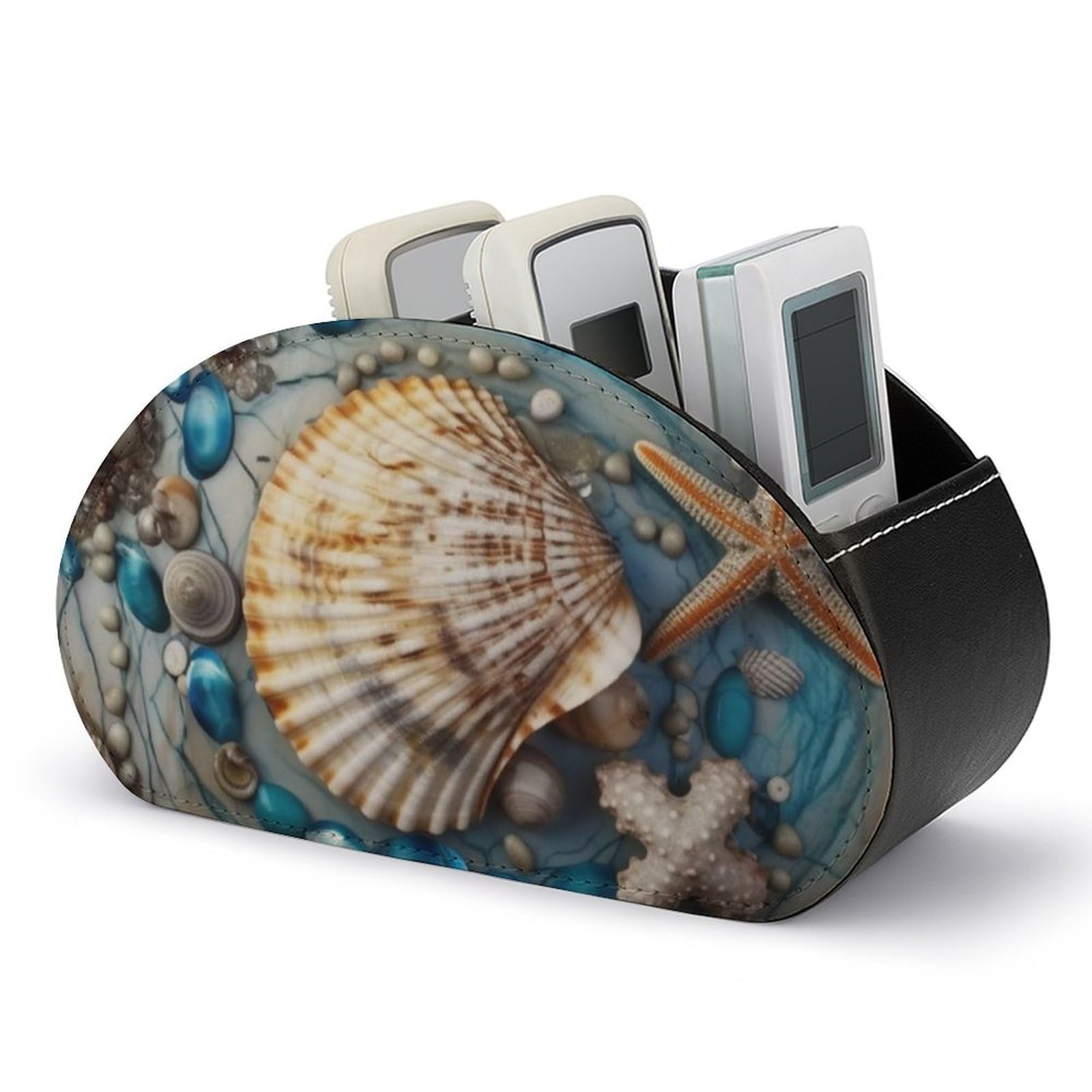JTREHY PU Leather Remote Control Holder, Ocean Shell Art Printed Desktop Caddy Storage with 5 Compartments, Fits TV Remotes, Media Controllers, Office Supplies, Makeup Brush