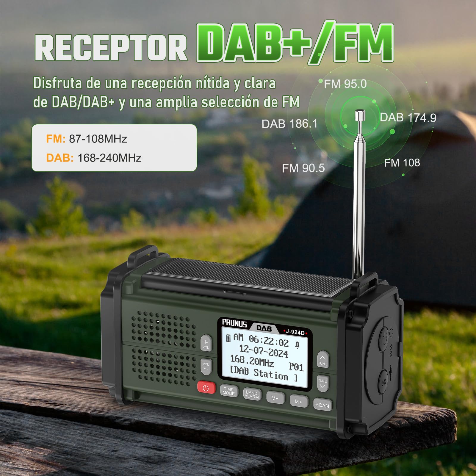 PRUNUS J-924 Dab/UKW Radio Solar y a Pilas, Radio Emergencia con Manivela | Radio Digital con Función de Preselección, Radio Portatil Pequeña Recargable con Banco de Energía de 10000 mAh, con Linterna