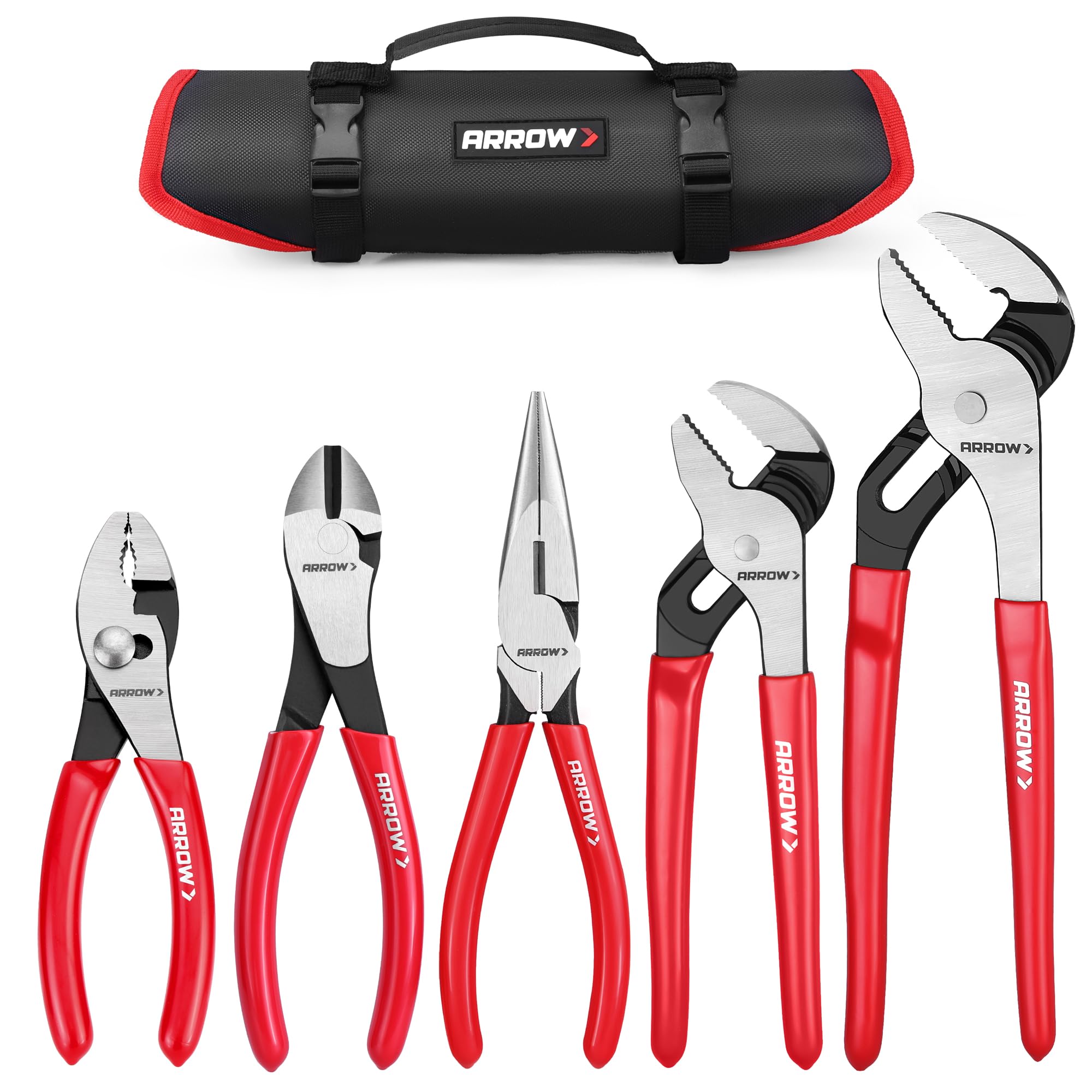 ARROW 5PCS Pliers Set, 6" Slip Joint, 7" Diagonal, 8" Needle Nose Pliers, 8"&10" Groove Joint with Non-slip Handle, Portable Rolling Bag With Handle,