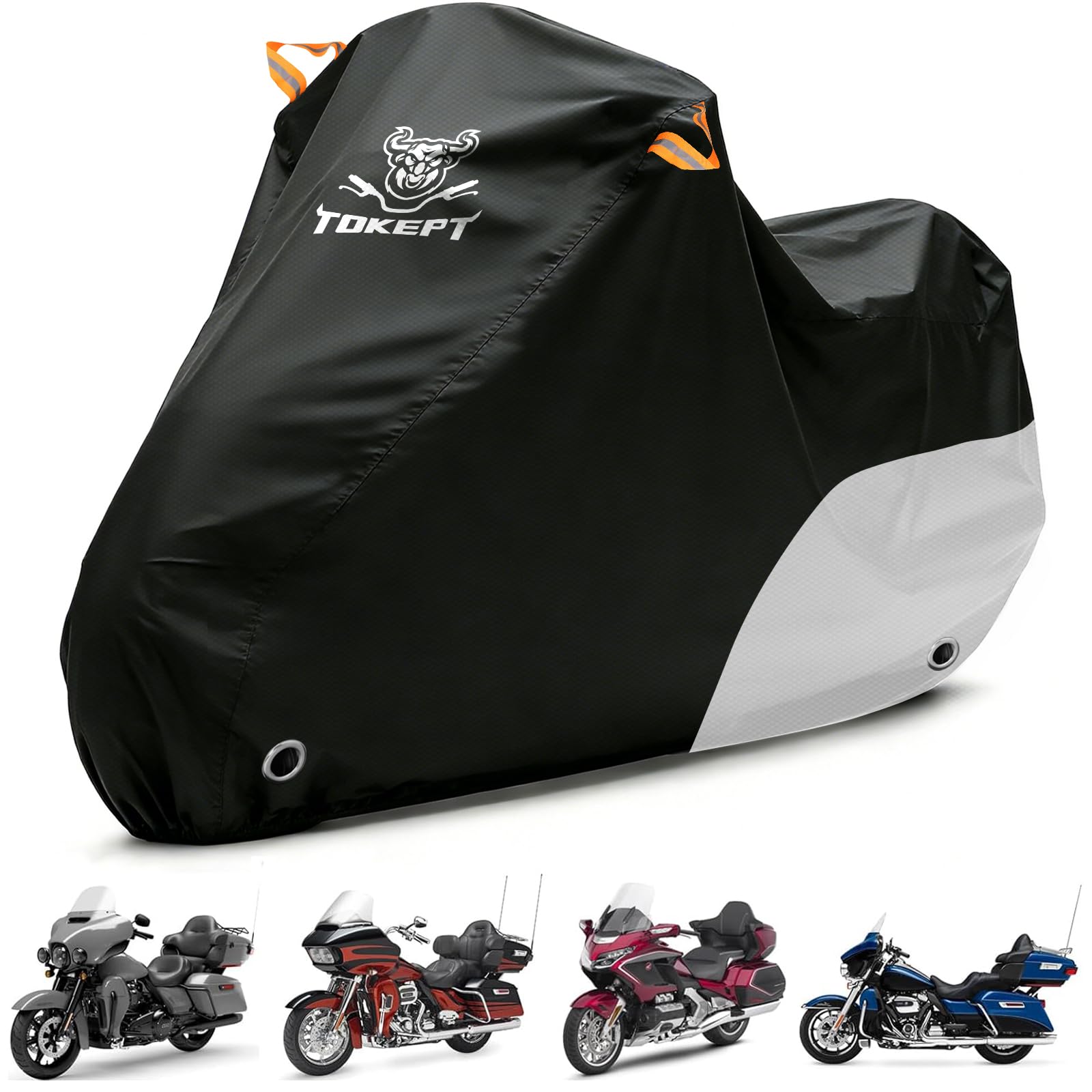 Motorcycle Cover Waterproof All Season Outdoor Protection | Fits up to 116 Inch, Compatible with Cruisers &amp; Touring Models, with Locking Holes &amp; Reflective Strips (Black&amp;Silver)