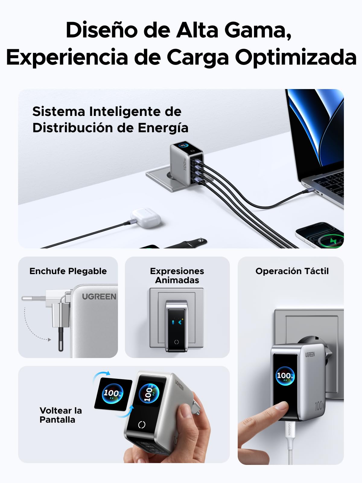 UGREEN Nexode Pro 100W Cargador USB C Carga Rápida Pantalla TFT | 4 Puertos, PD 3.0, PPS 45W, Compatible con iPhone 17 Pro MAX Air 16 15 Galaxy PPS 45W S26 25 Pixel 10 iPad MacBook M5 M4