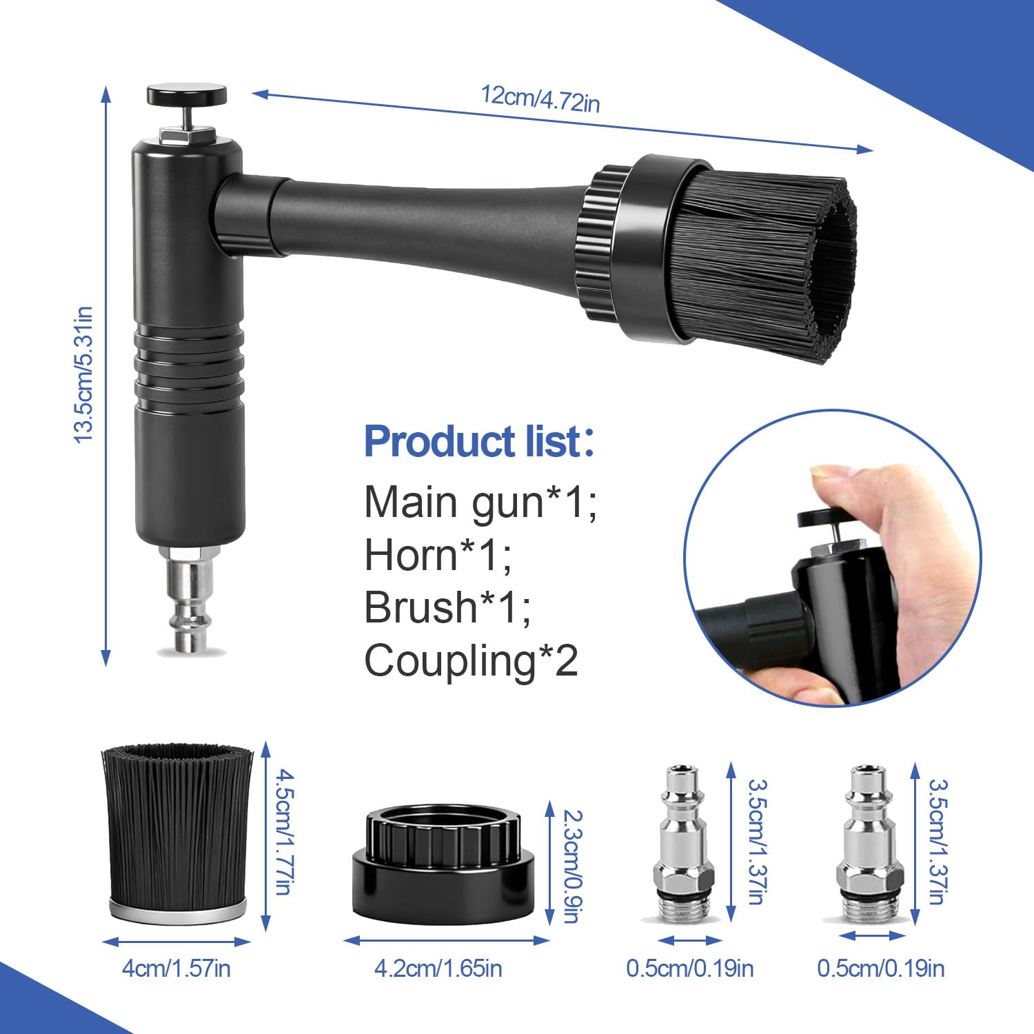 5 Piezas Ausblaspistole Druckluft Blowgun Para Limpieza De Coche Cuerpo Robusto Empuñadura Cómoda Operación Por Pulsación Con 2 Boquillas Para Aspirado De Polvo Y Detallado Automotriz