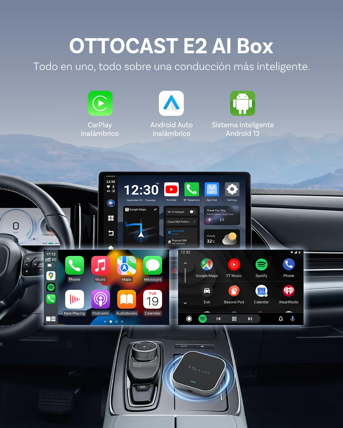 OTTOCAST E2 AI Box, 2026 Mejorada 3 en 1 Adaptador Inalámbrico CarPlay y Android Auto, Android 13 Vídeo Multimedia para Coche con Netflix YouTube, Descarga de Aplicaciones, 4GB+64GB, Actualización OTA
